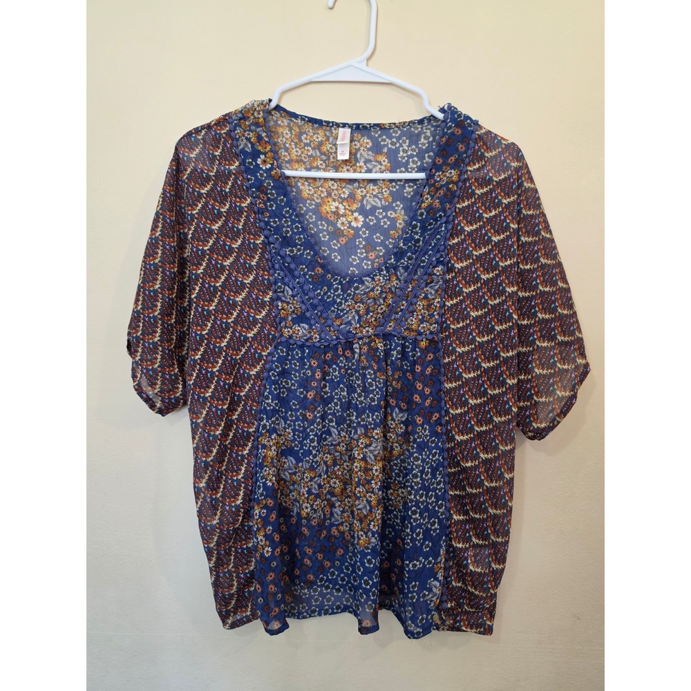 Xhilaration Blue Floral Pom Pom Trim Sheer Boho Blouse Top Medium